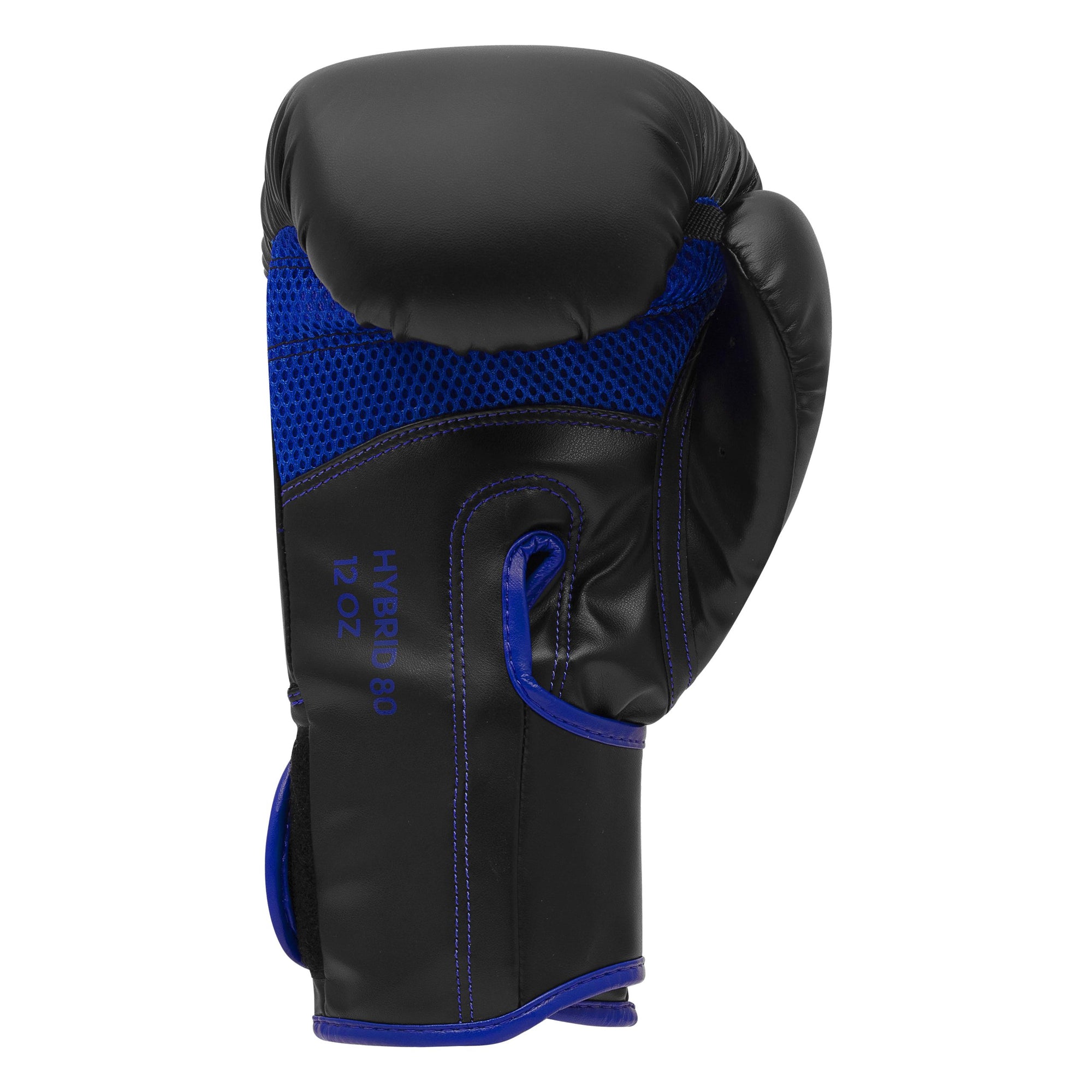 Black and blue Adidas Hybrid 80 boxing glove, 8 oz weight.