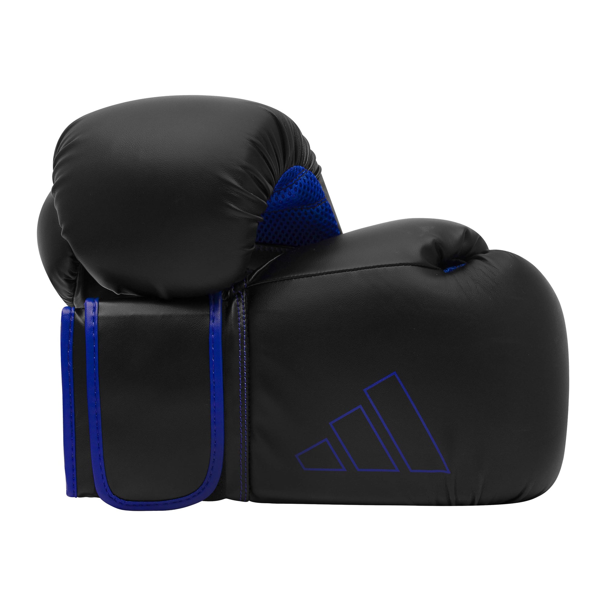 Pair of black and blue Adidas Hybrid 80 boxing gloves.