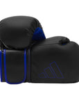 Pair of black and blue Adidas Hybrid 80 boxing gloves.