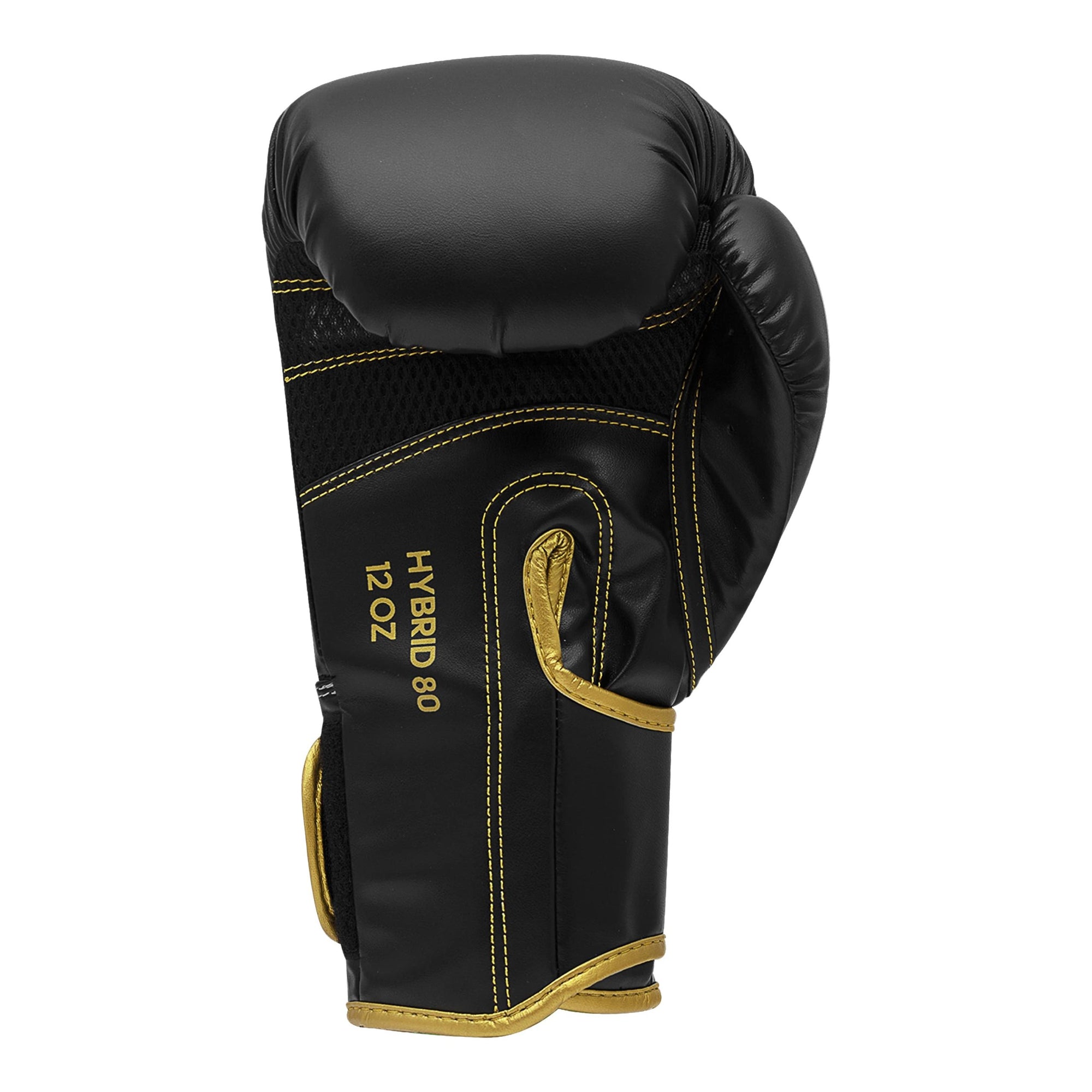 Black boxing glove with yellow trim, Adidas Hybrid 80, 6 oz.