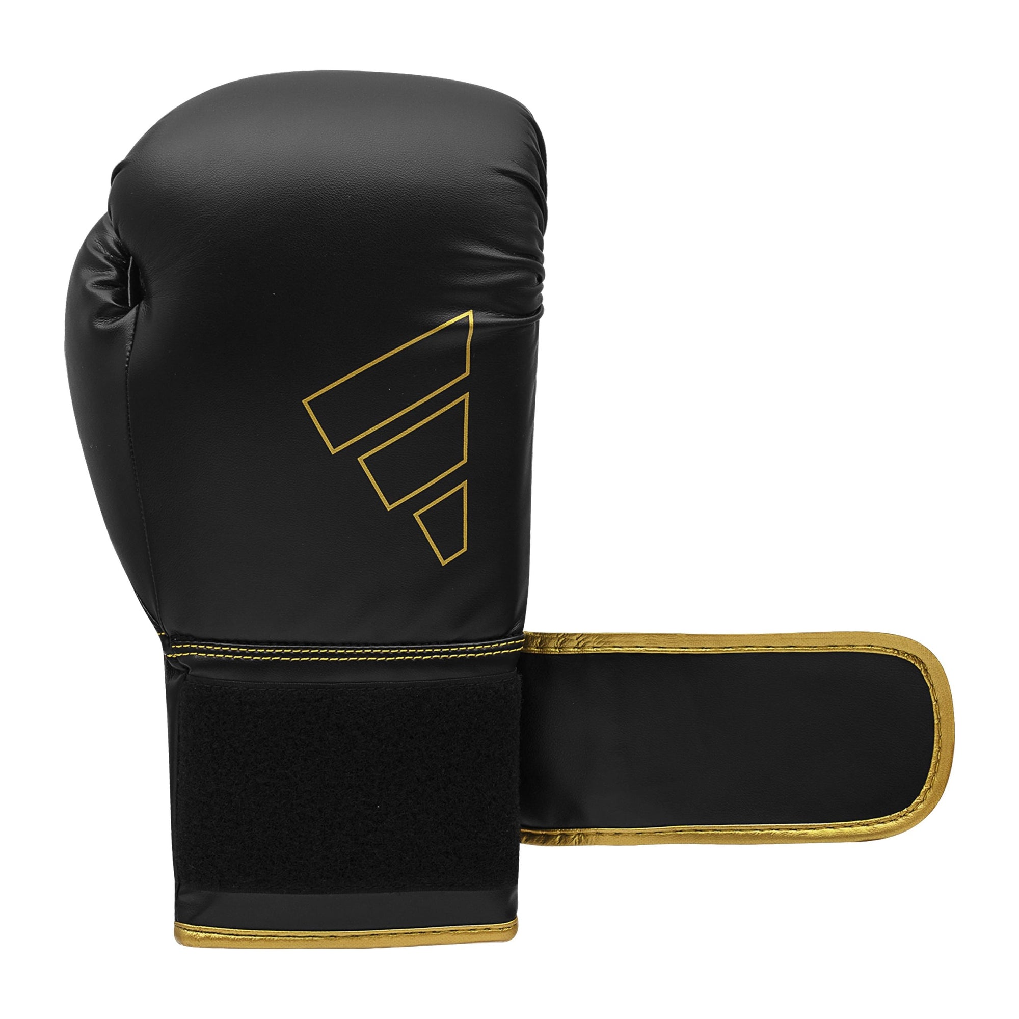 A black boxing glove with gold trim designed for boxing training.