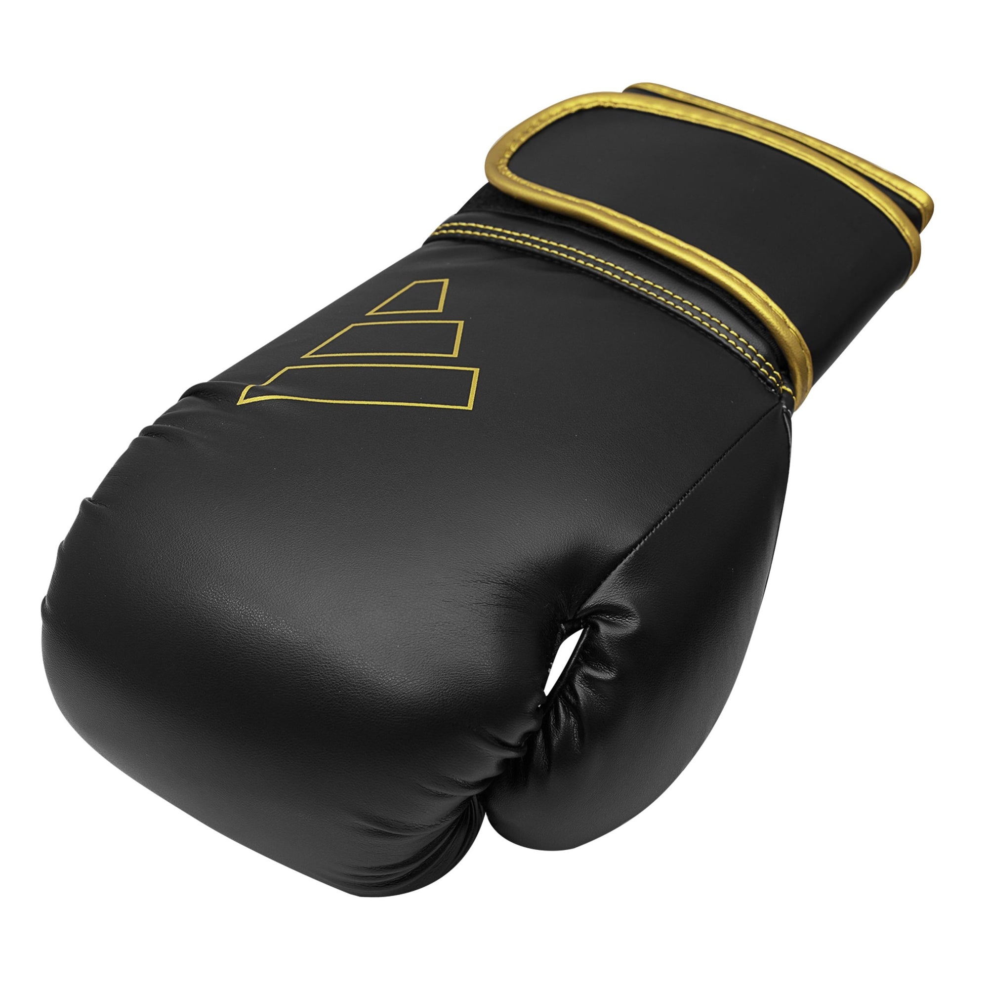 Black boxing glove with gold trim, Adidas Hybrid 80, 10 oz.