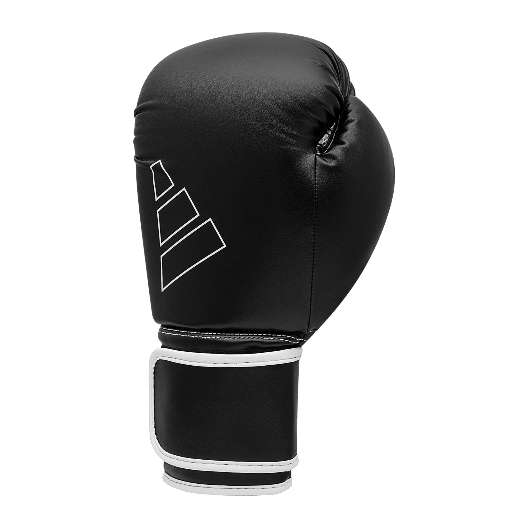 Black boxing glove with white trim by Adidas.