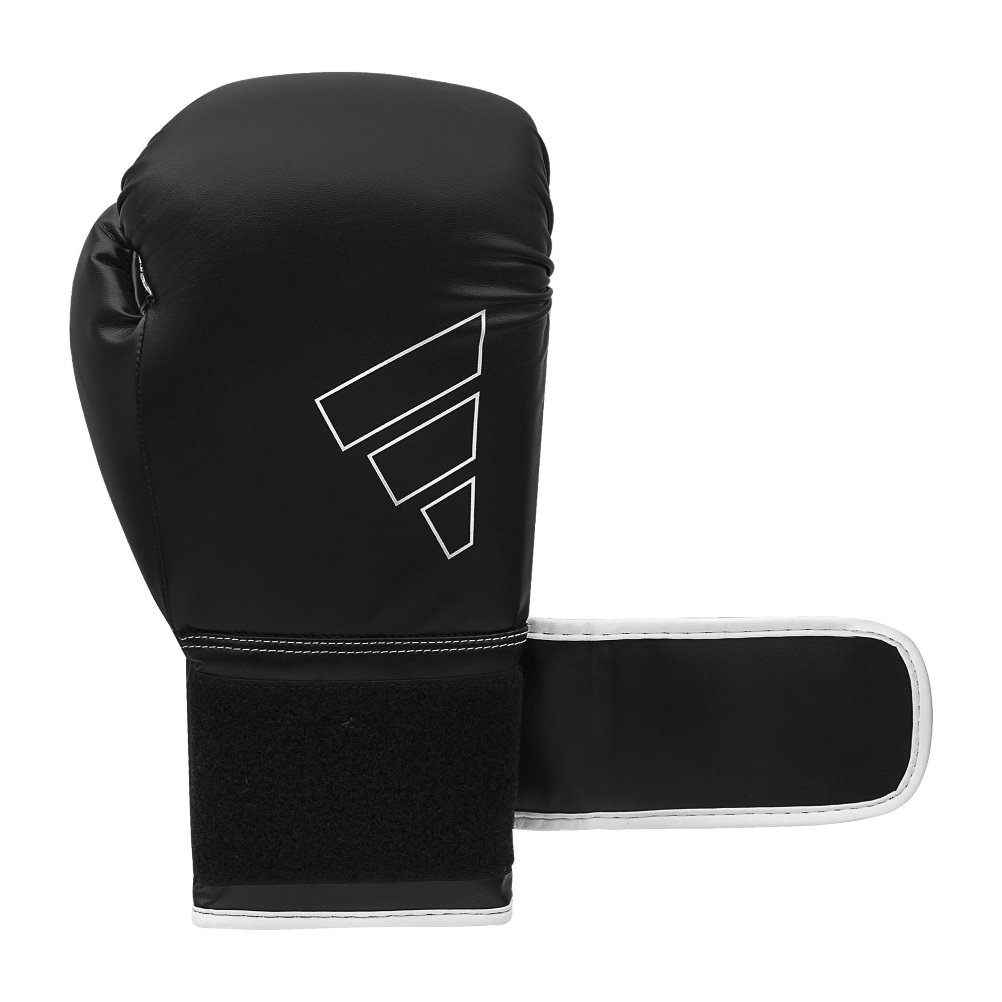 Black boxing glove with white trim, Adidas Hybrid 80 Training Gloves.