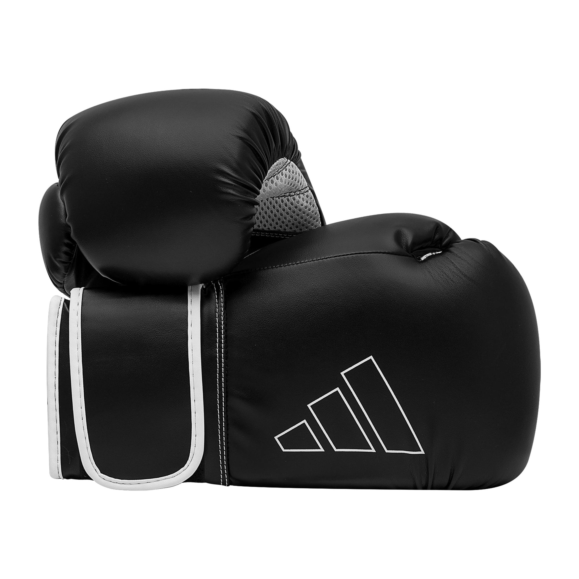 Black boxing glove with white trim by Adidas.