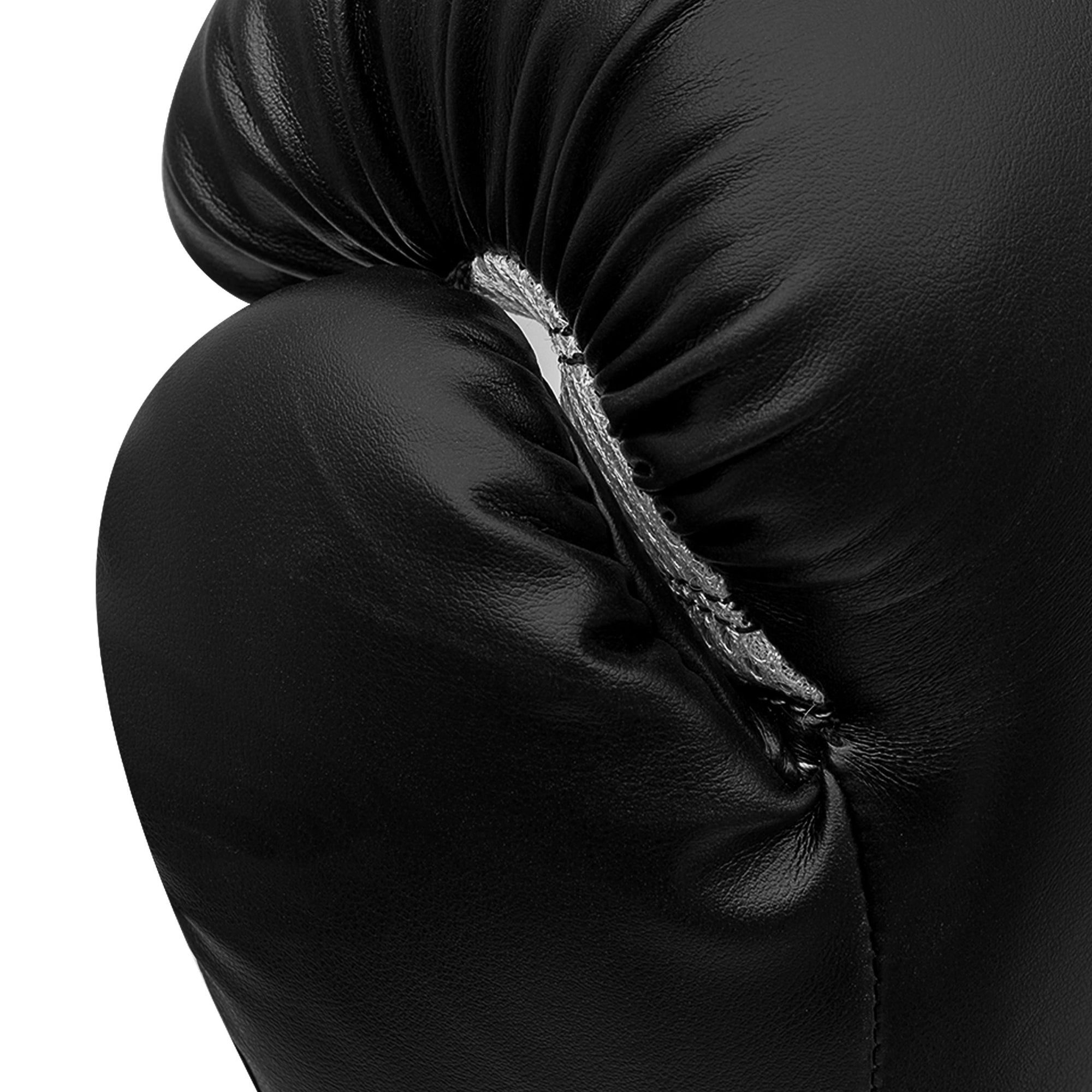 Close up of a black boxing glove with white trim.