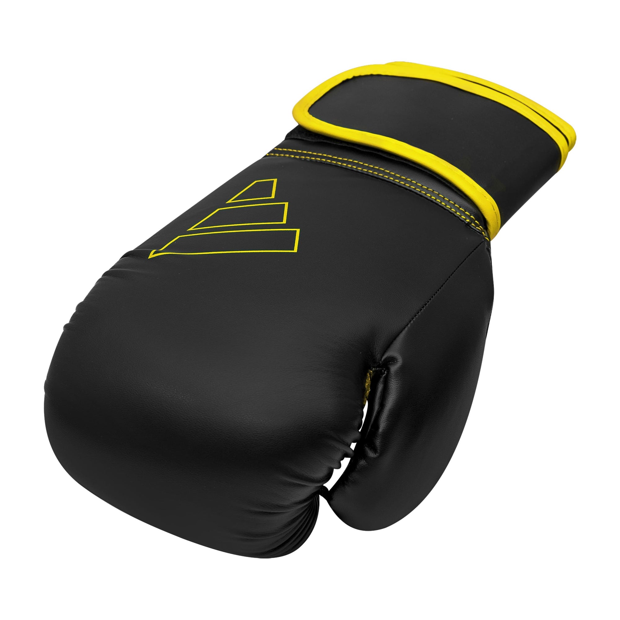 Black and yellow Adidas Hybrid 80 boxing glove.