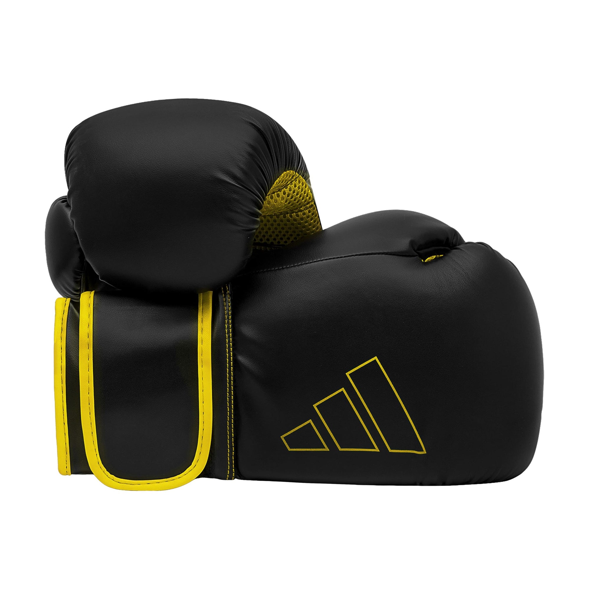 Pair of black and yellow Adidas Hybrid 80 boxing gloves.