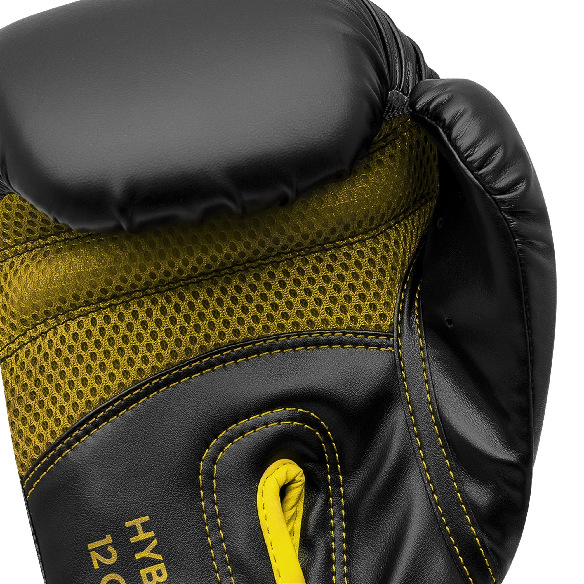 Black and yellow Adidas Hybrid 80 Training boxing glove close-up.