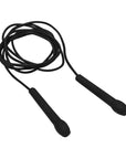 Black skipping rope on white background, 9ft long for fitness training.