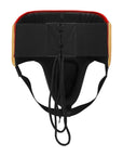 Black and red padding with straps, part of boxing equipment.