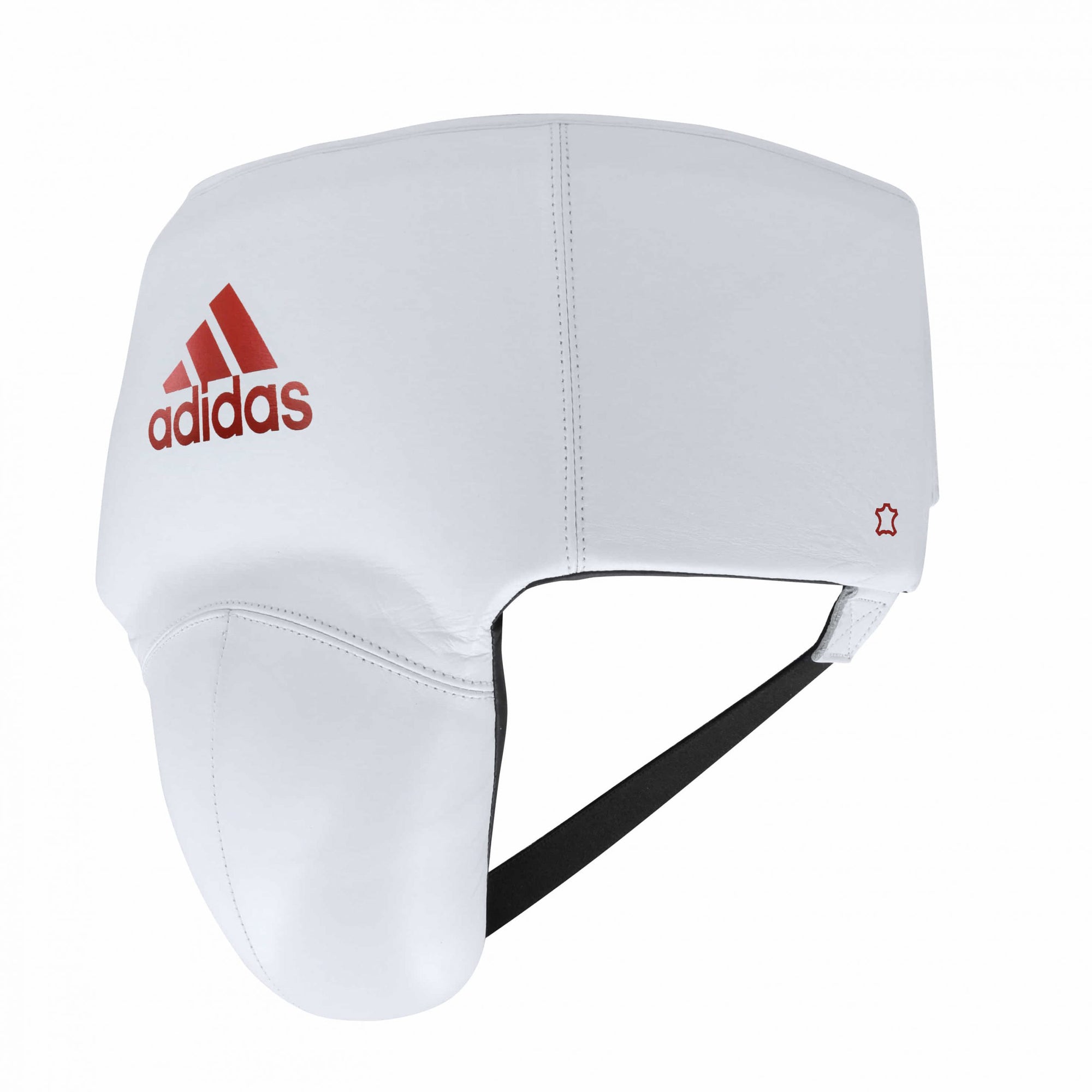 White boxing helmet with red adidas logo.