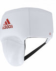 White boxing helmet with red adidas logo.