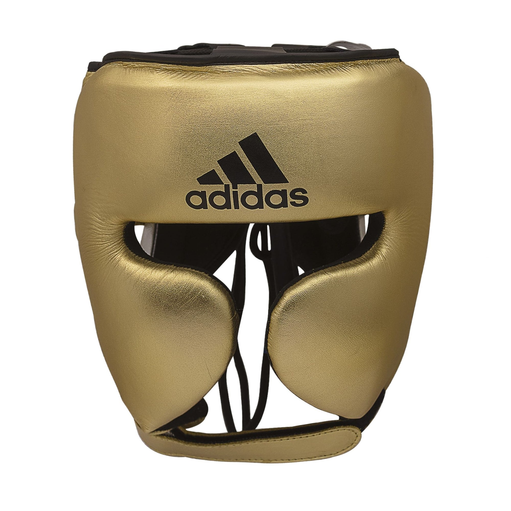 Gold boxing helmet with black straps, adidas adiStar Pro.