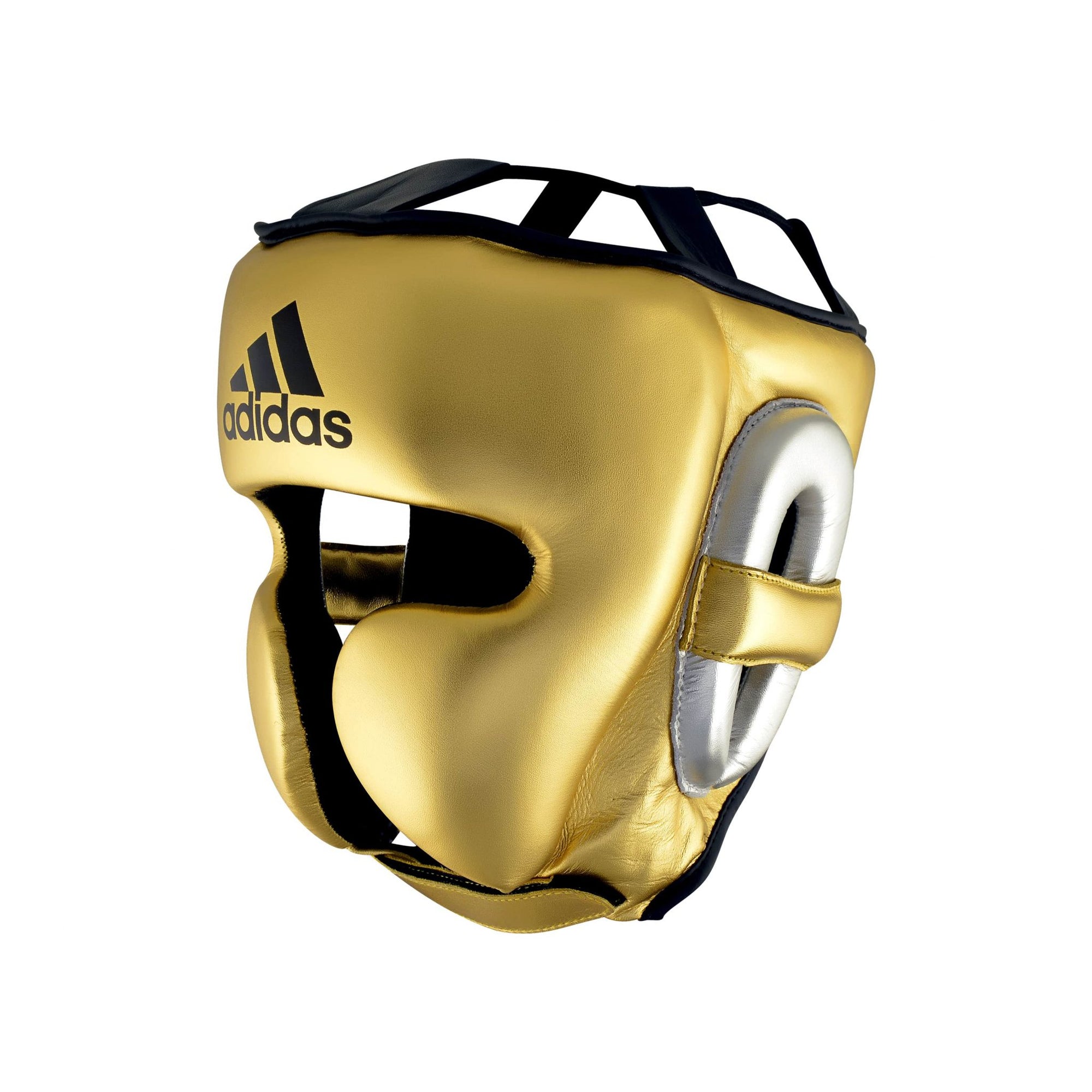 Gold and silver boxing helmet for men and women, size L.