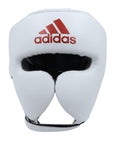 White boxing helmet with red logo, adidas adiStar Pro.