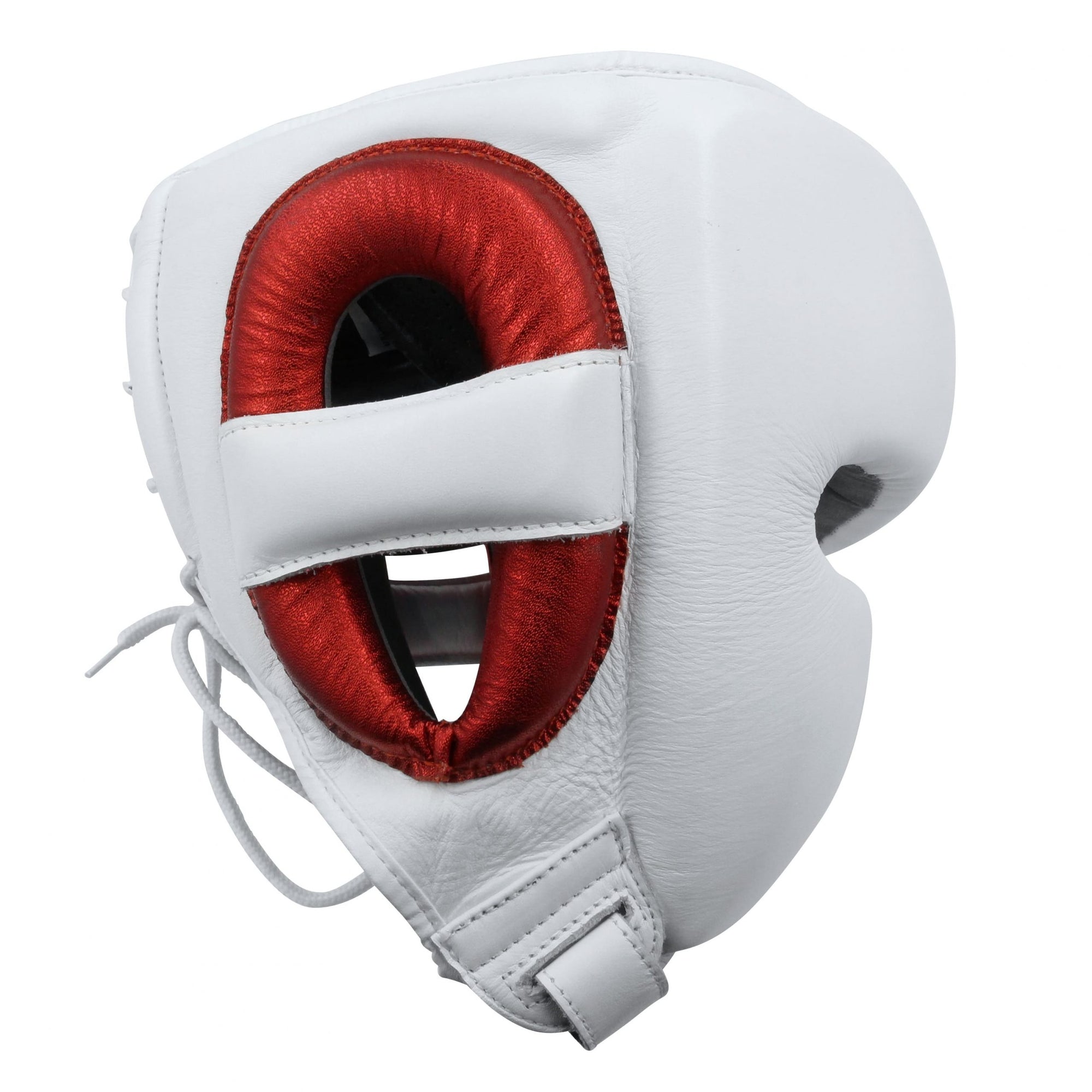 White and red adidas boxing mask for protection.