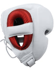 White and red adidas boxing mask for protection.