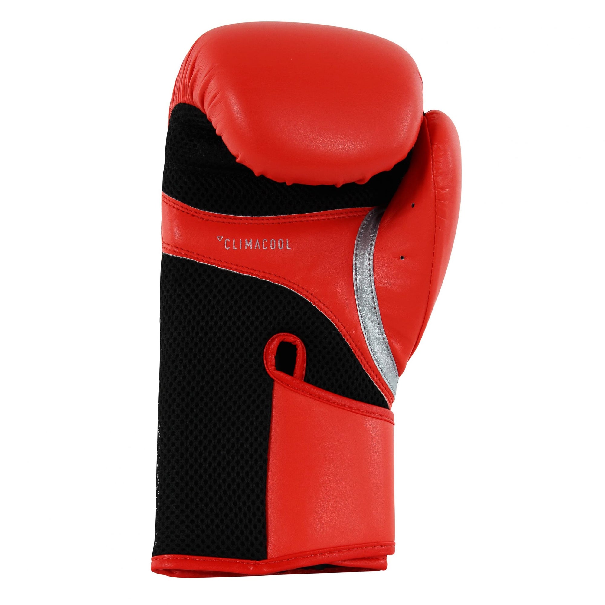 Red and black boxing glove, Adidas Speed 100 model in solar red color, 14 oz weight.