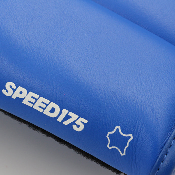 Close-up of blue adidas Speed 175 leather boxing glove.