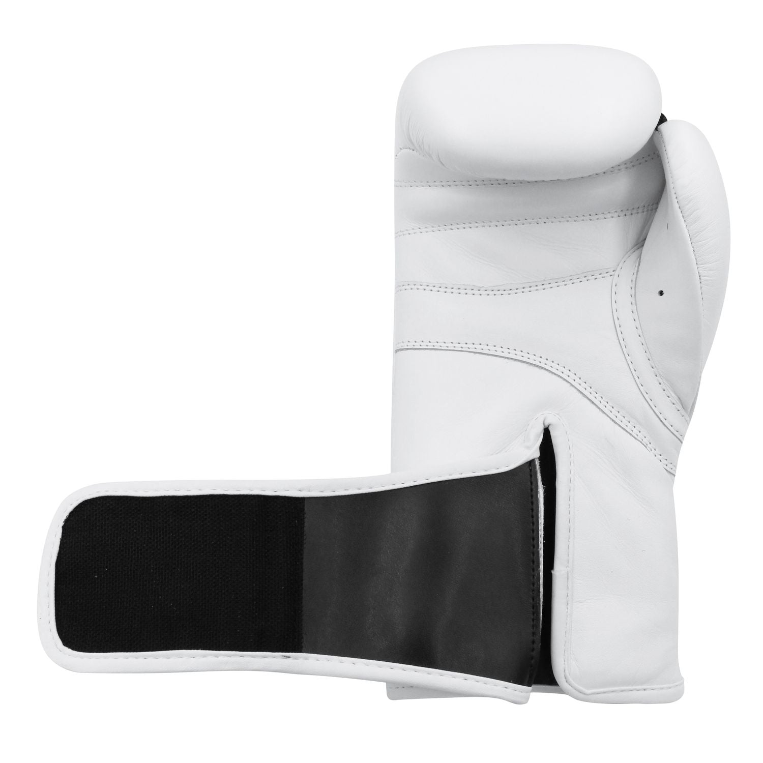 White boxing glove with black straps and adidas design.