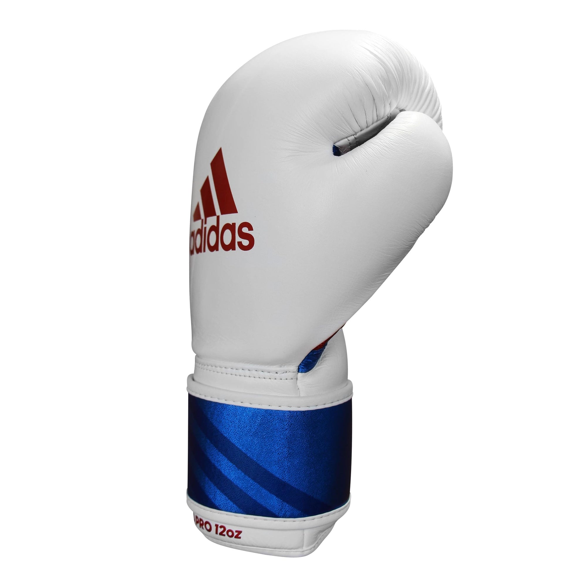 White Adidas boxing glove with blue trim.