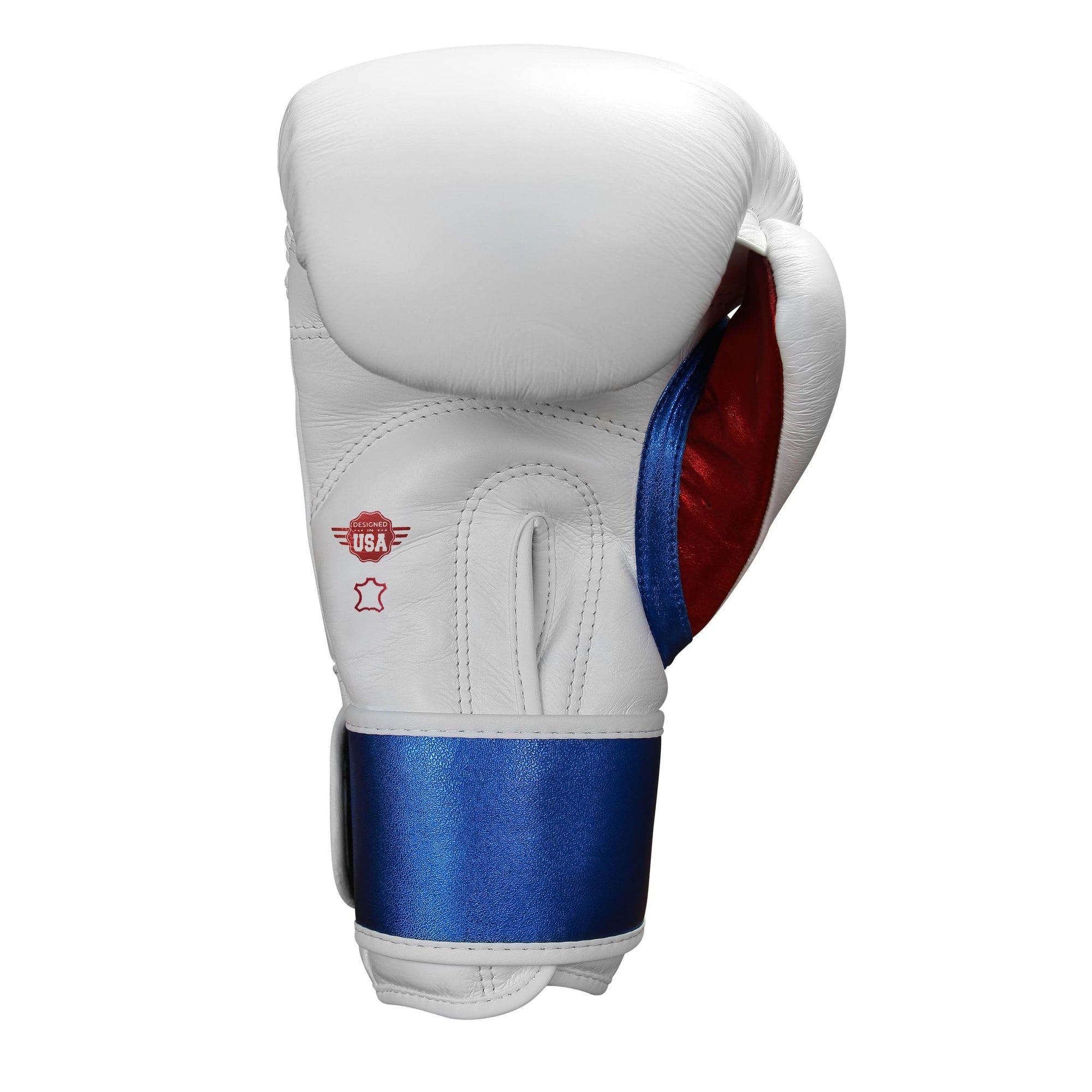 White boxing glove with blue and red stripes, Adidas Speed 350 Pro series.