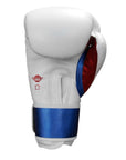 White boxing glove with blue and red stripes, Adidas Speed 350 Pro series.