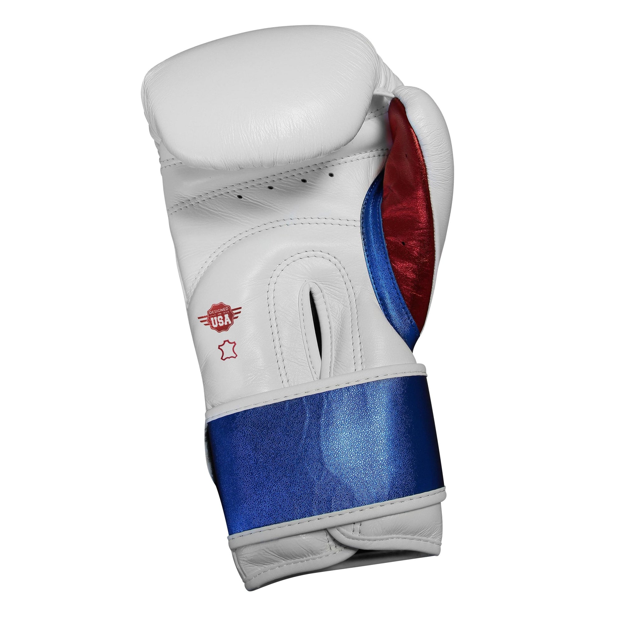 White boxing glove with blue and red trim, Adidas Speed 350 Pro series.