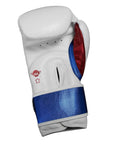 White boxing glove with blue and red trim, Adidas Speed 350 Pro series.