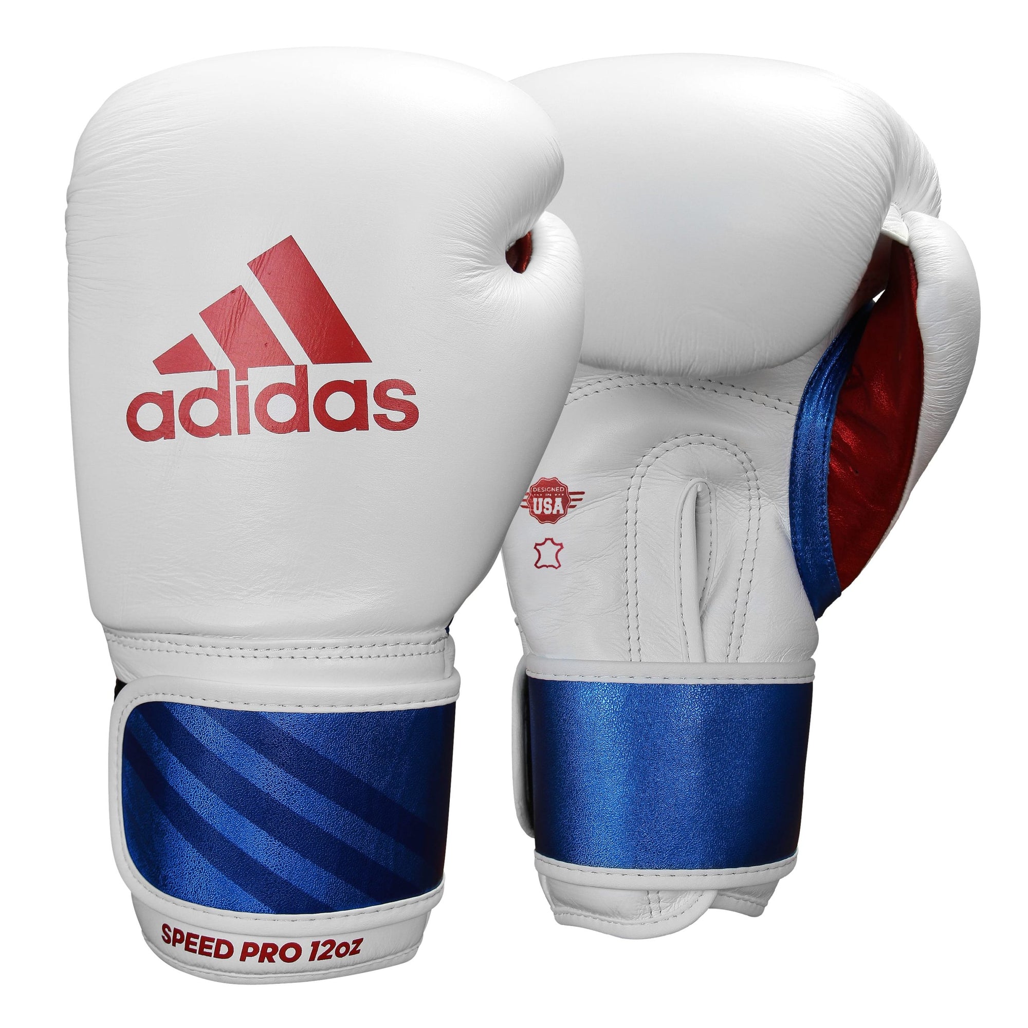 Pair of Adidas boxing gloves in white, blue, and red, 16 oz.