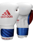 Pair of Adidas boxing gloves in white, blue, and red, 16 oz.