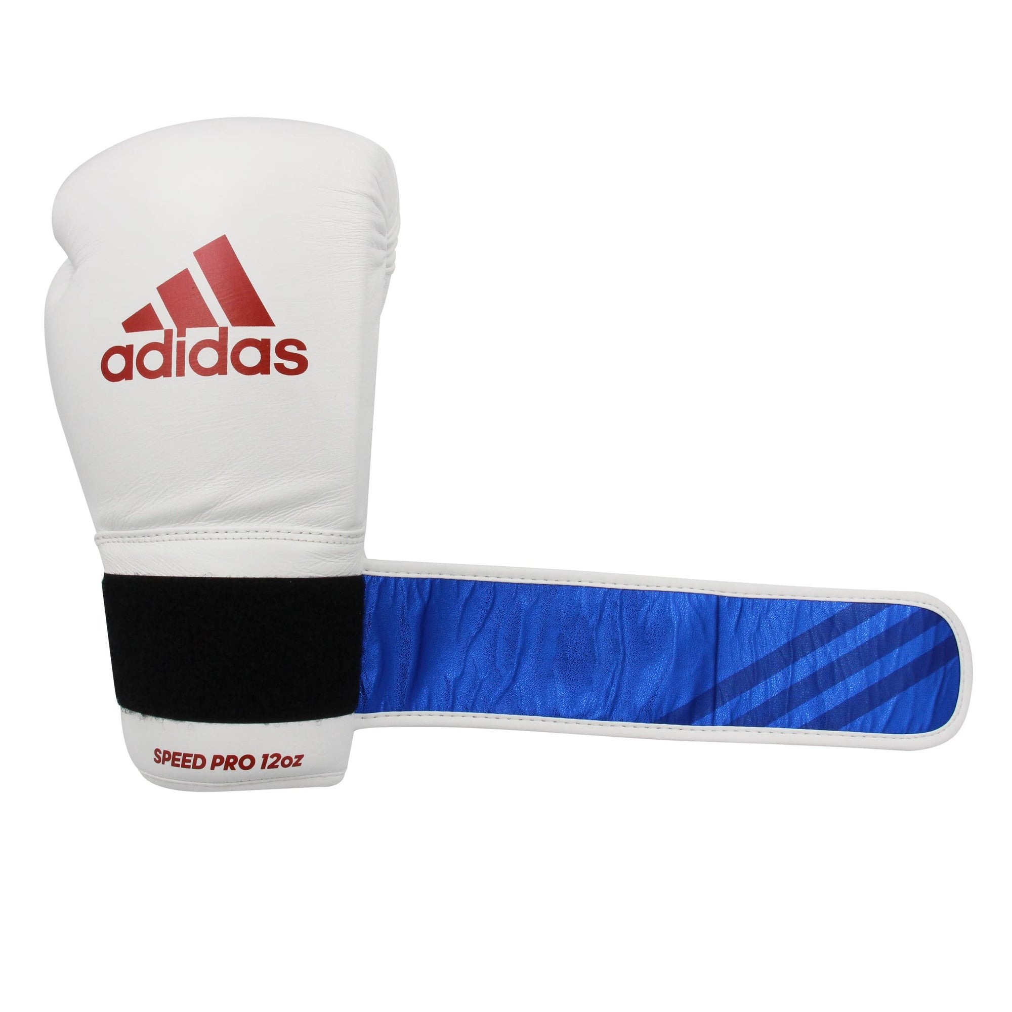 White boxing glove with a blue stripe, Adidas Speed 350 Pro series.