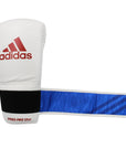 White boxing glove with a blue stripe, Adidas Speed 350 Pro series.