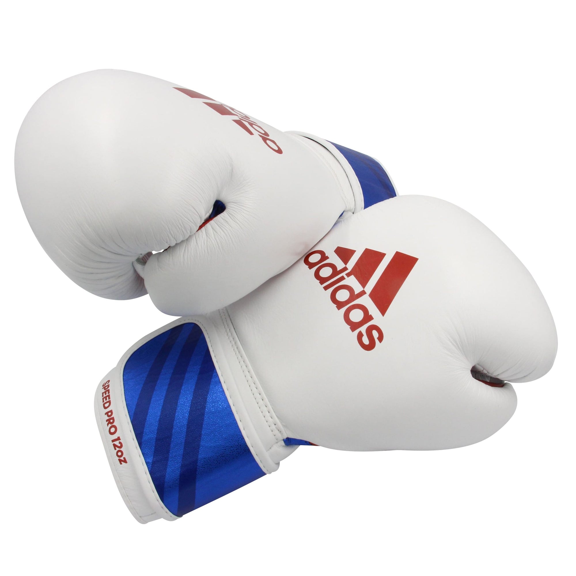 Pair of Adidas boxing gloves in white, blue, and red, 18 oz.