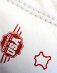 Close-up of white leather Adidas glove, Speed 350 Pro series.