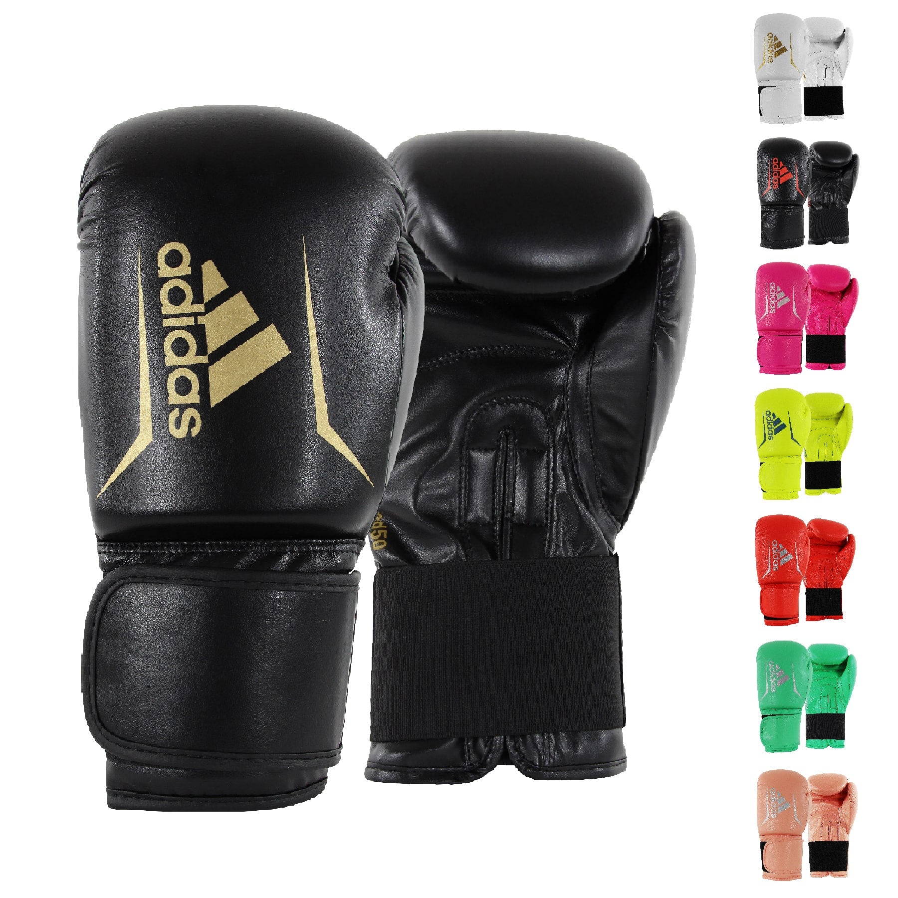 Pair of black and gold boxing gloves for boxing and kickboxing.