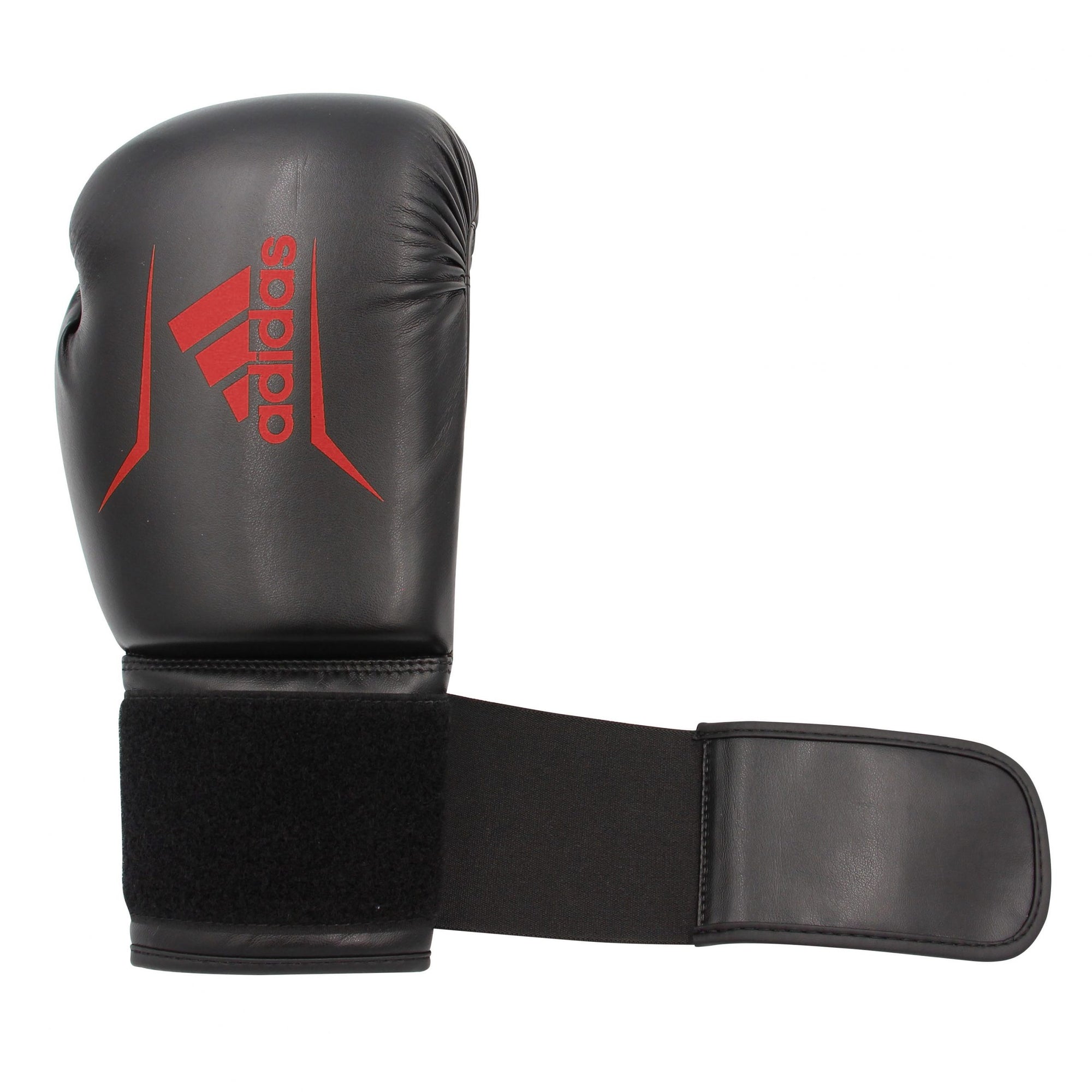 Black boxing glove with black strap, Adidas FLX 3.0 Speed 50, black/gold color.