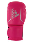 Pink boxing glove with silver logo, suitable for women and men.