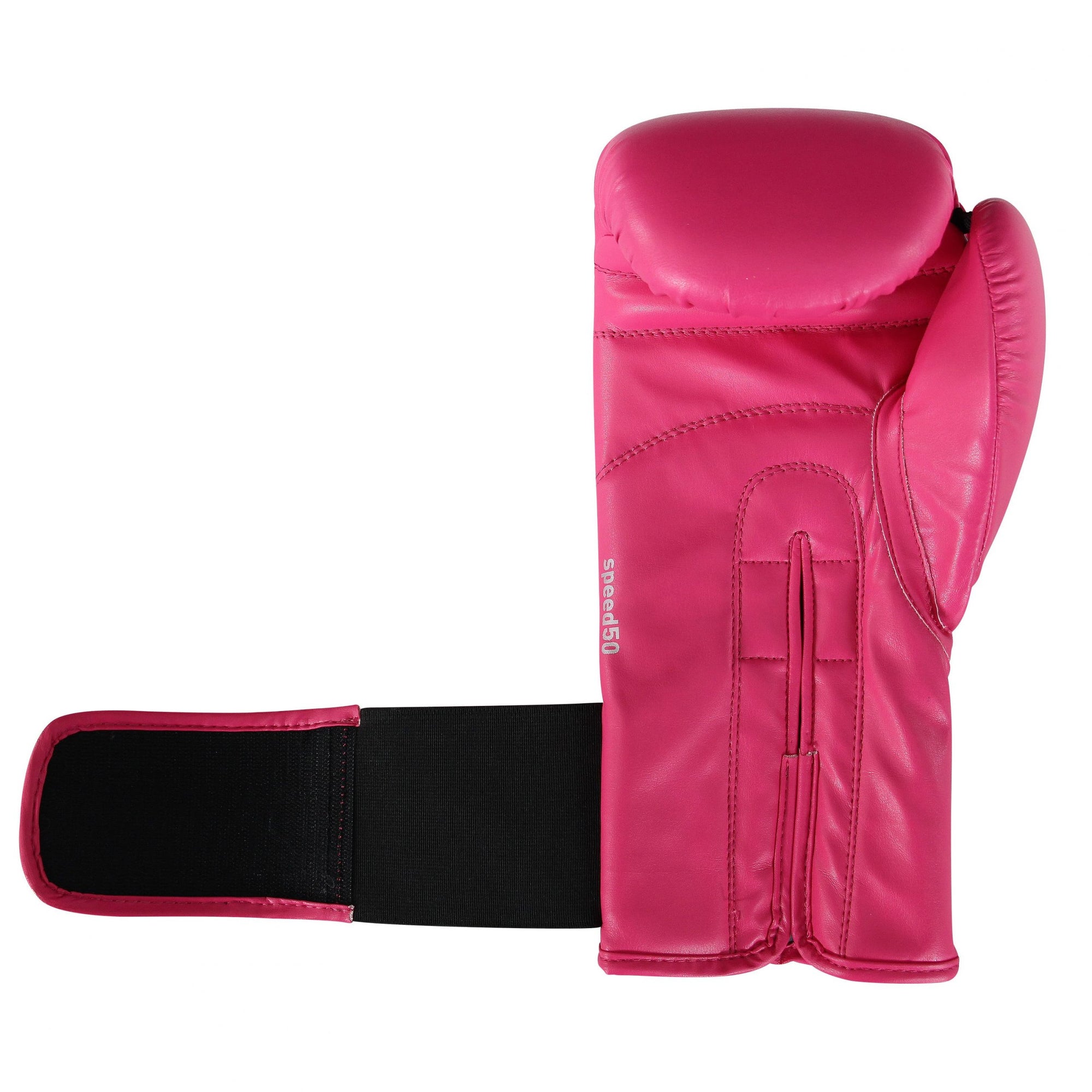 Pink boxing glove with black band, open strap displayed.