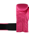 Pink boxing glove with black band, open strap displayed.