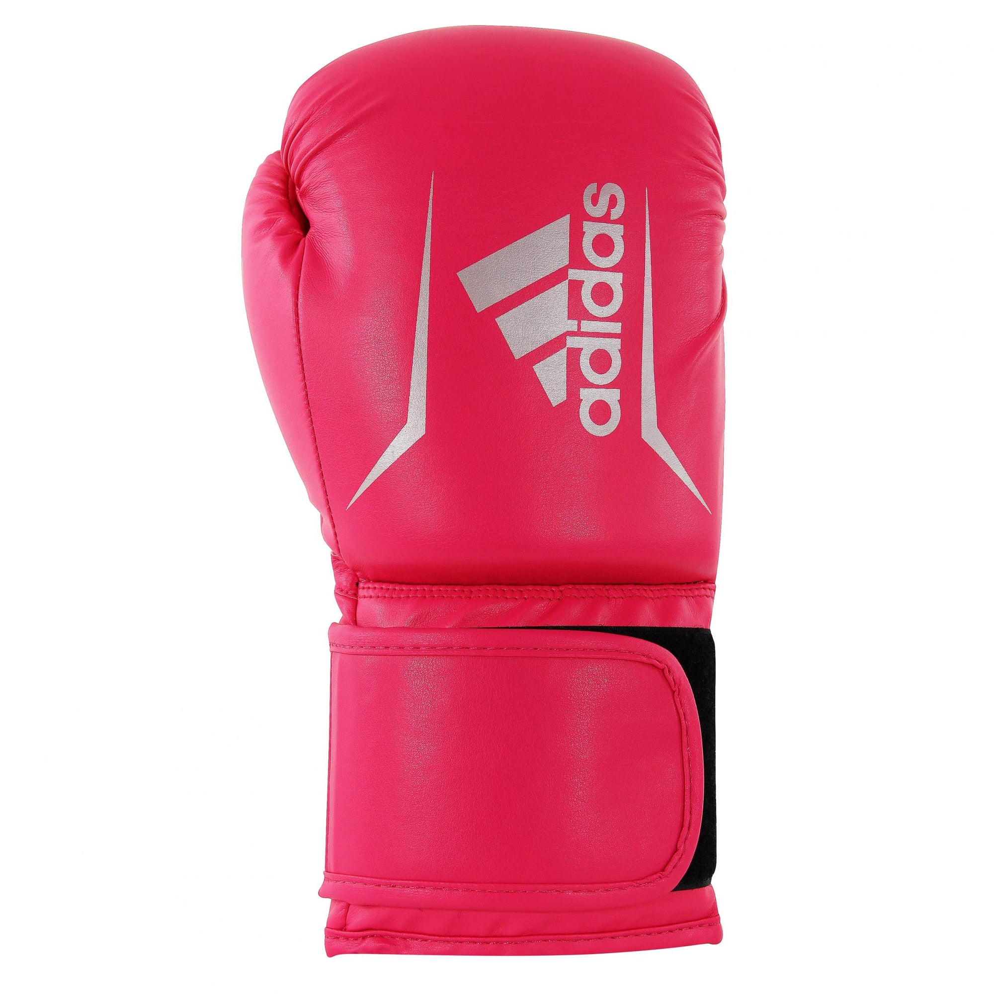 Pink boxing glove with white logo for kickboxing.