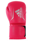 Pink boxing glove with white logo for kickboxing.