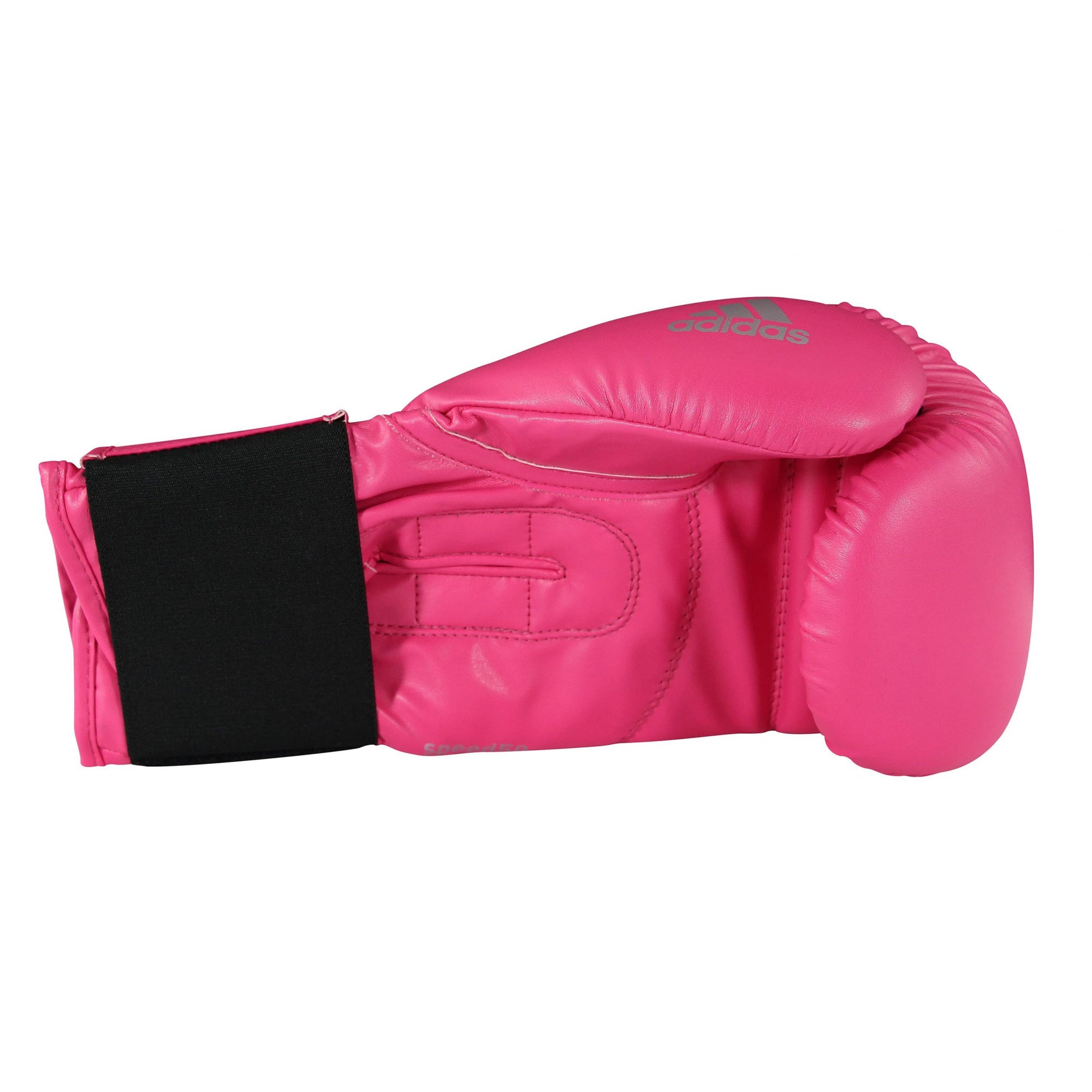 Pink boxing glove with black band, adidas logo visible.