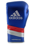 A blue and silver adidas Adi-Speed 500 boxing glove.