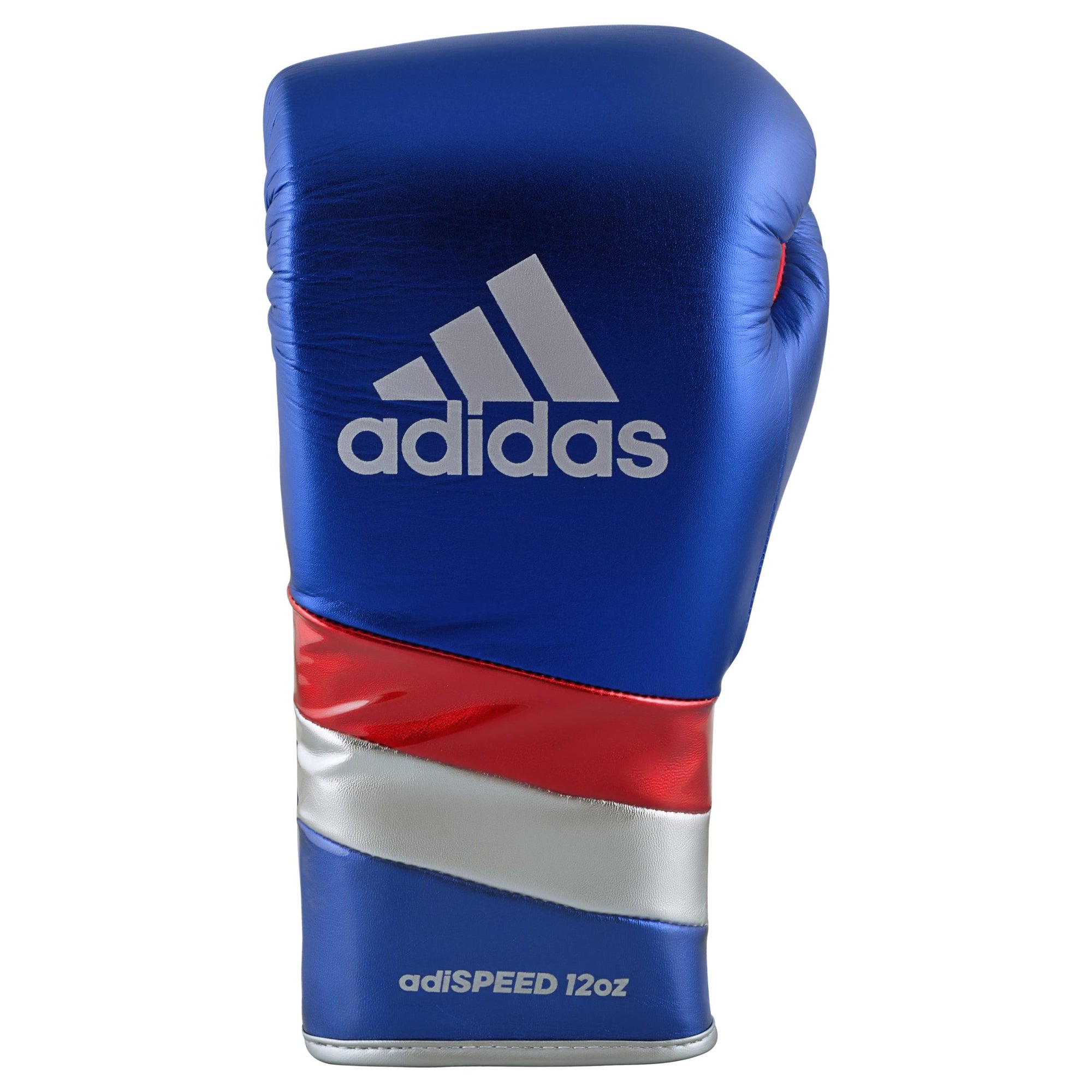 A blue and silver adidas boxing glove, 14 oz weight.