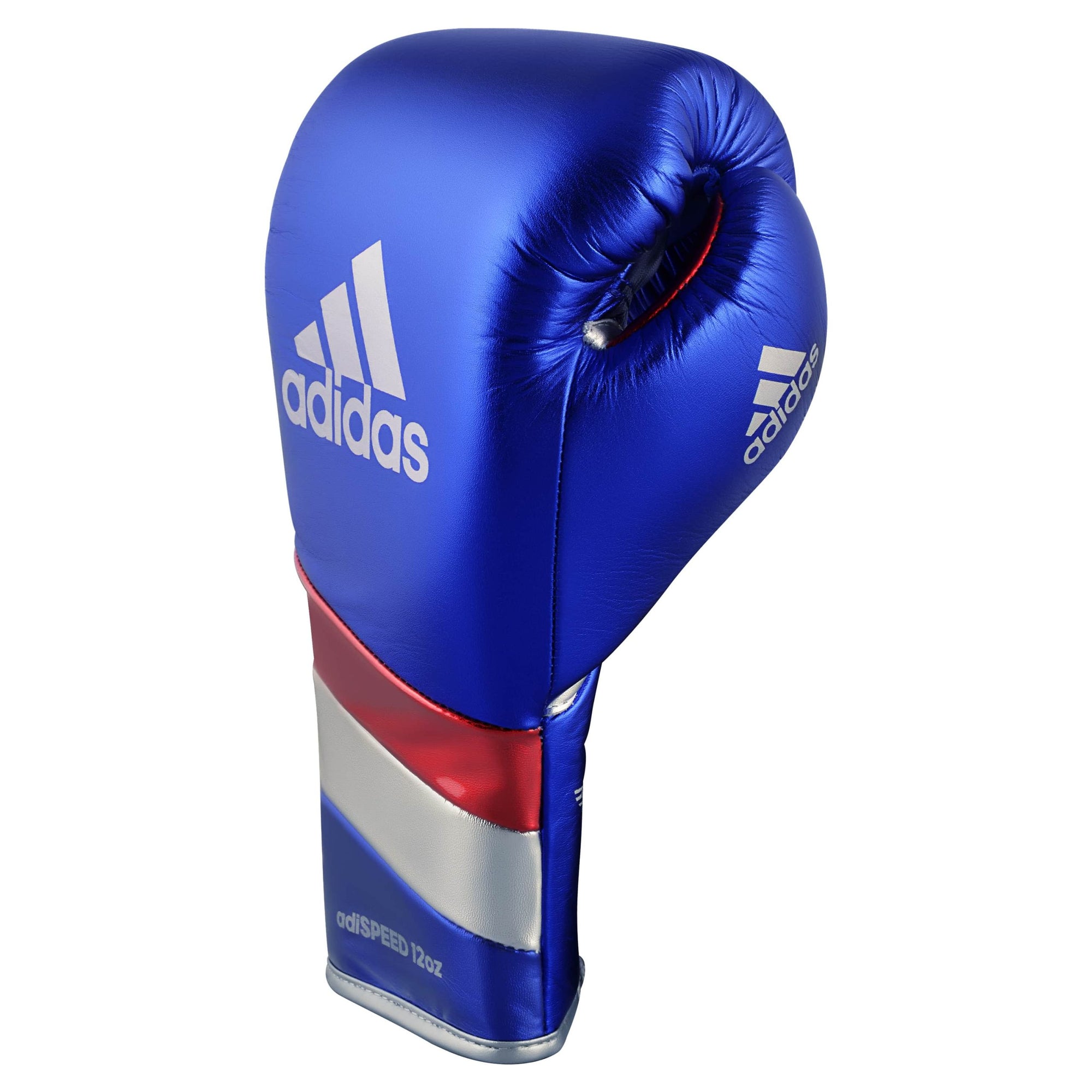 A blue boxing glove with red and white stripes from adidas Adi-Speed 500.