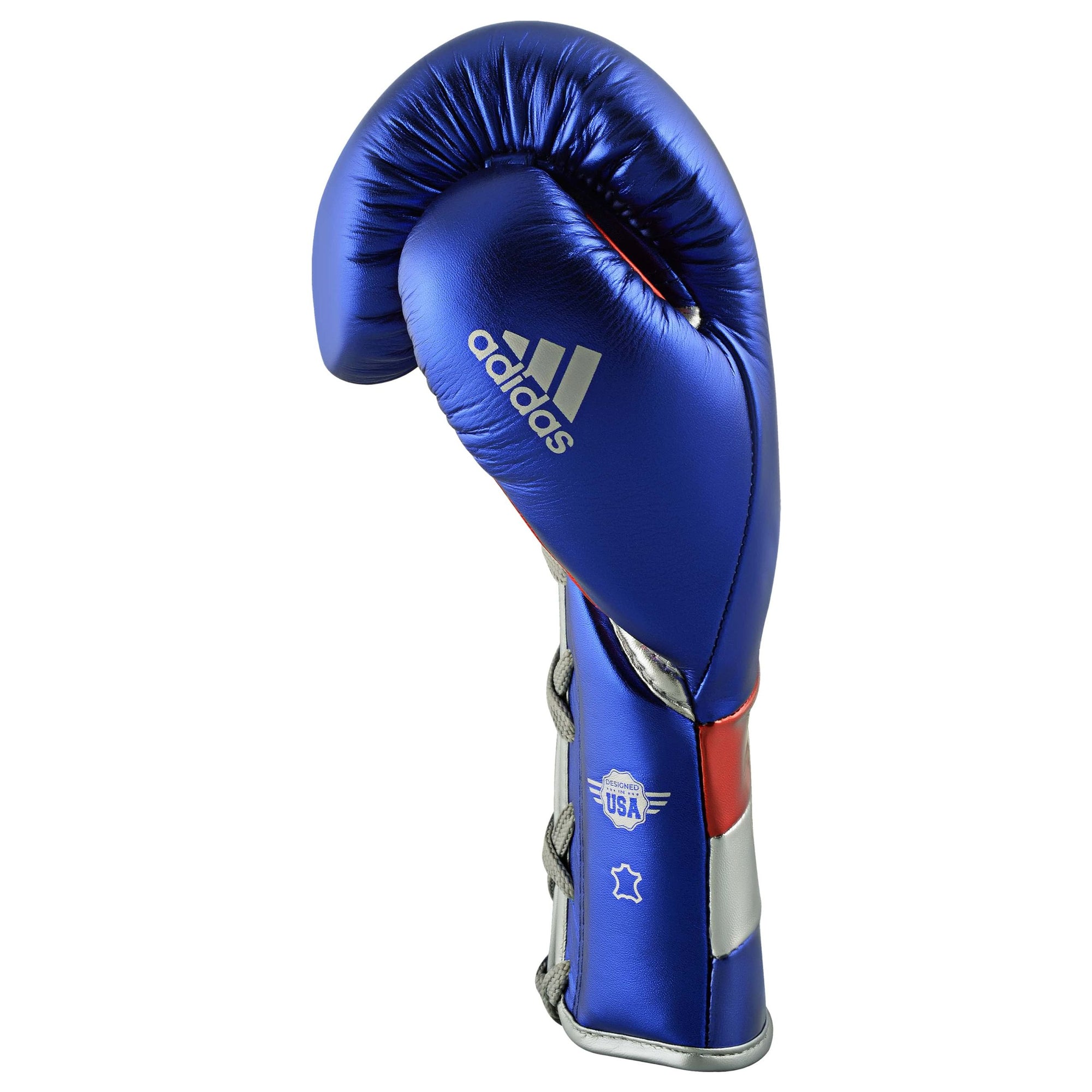 A blue boxing glove with silver and red stripes from adidas Adi-Speed 501 Pro series.