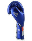 A blue boxing glove with silver and red stripes from adidas Adi-Speed 501 Pro series.