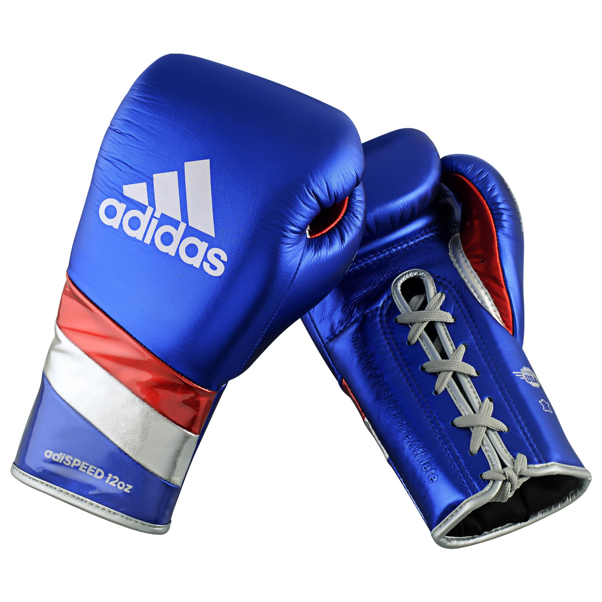 Pair of adidas Adi-Speed 500 boxing gloves for kickboxing, blue and silver design.